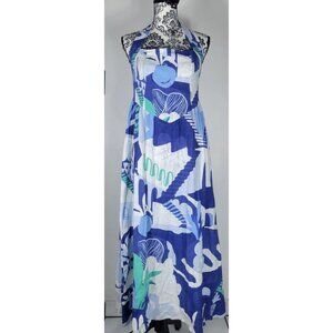 Linen Blend Halter Maxi Dress Blue White Abstract Print Size M NWT
